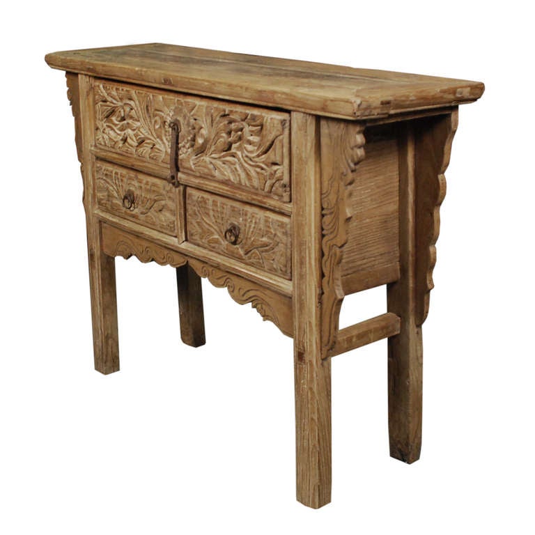 19th Century Chinese Three Drawer Floral Carved Altar In Excellent Condition In Chicago, IL