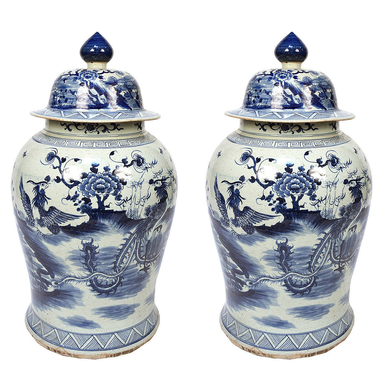 Pair of Blue and White Ginger Jar with Phoenix and Peonies ...
