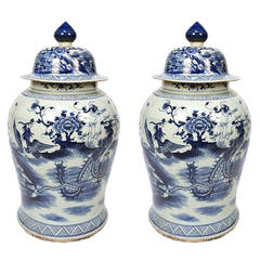 Pair of Blue and White Ginger Jar with Phoenix and Peonies