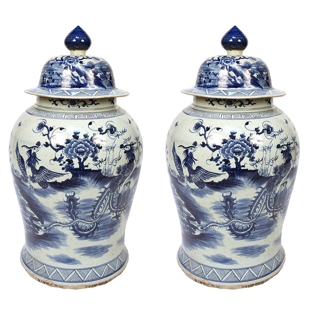 Pair of Blue and White Ginger Jar with Phoenix and Peonies