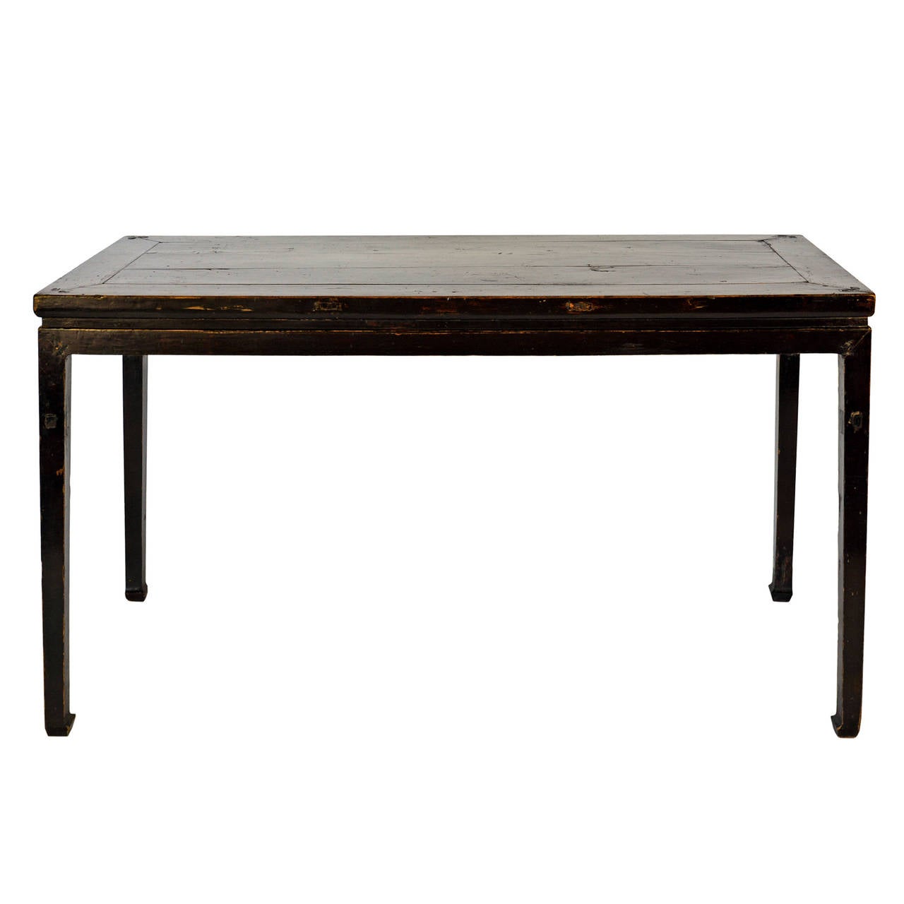 Painting table with its original black lacquer finish, constructed with standard mitered frame members with a tongue and grooved floating panel. The legs are straight and end in horse hoof feet. A painting table is considered furniture of the elite