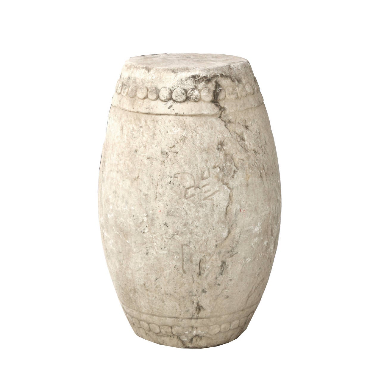 Pair of northern Chinese Limestone Drum shaped column bases.   Hand carved, these graceful Ming form objects are conservatively dated to the early 19th century and are engraved with Chinese characters on one side.