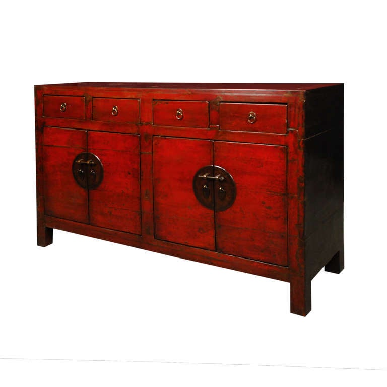 19th Century Chinese Four Door Two Drawer Red Lacquer Chest In Excellent Condition In Chicago, IL