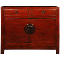19th Century Chinese Two Door Two Drawer Red Lacquer Chest