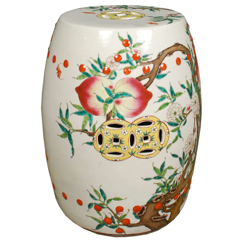 Gorgeous painted garden stools from Beijing, China. These lovely stools are painted with leaves, branches, bats, and pomegranates. Each is slightly unique in design.

Pagoda Red Collection # BJCC001