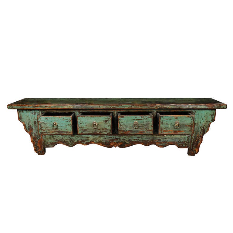 Early 20th Century Chinese Low Teal Painted Four Drawer Kang Table