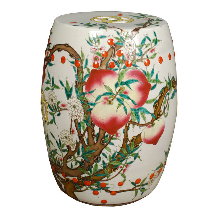 Colorful Chinese Stools with Pomegranates In Excellent Condition In Chicago, IL