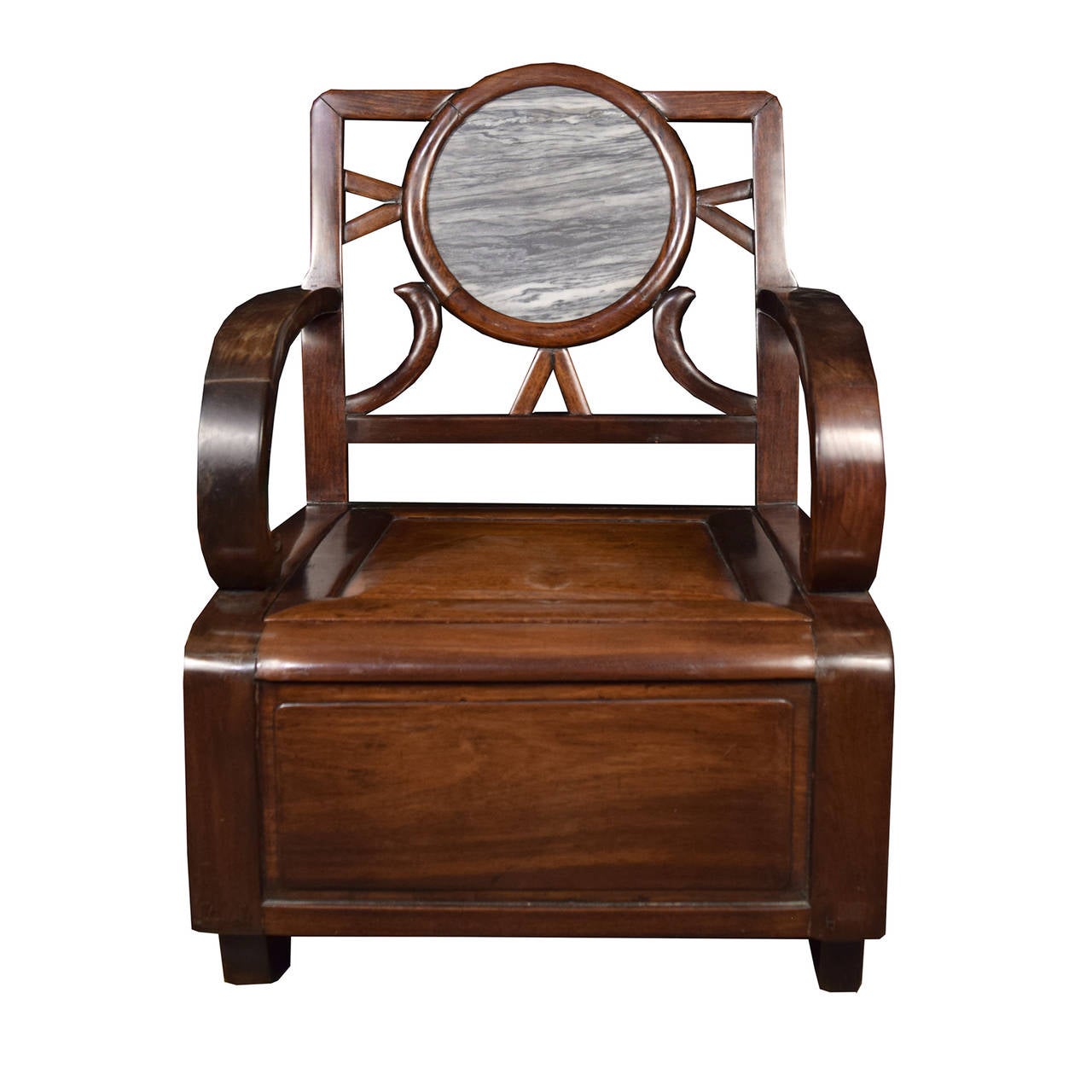 A Chinese Deco chair from c. 1920 with curved arms and a detailed back with a stone medallion.