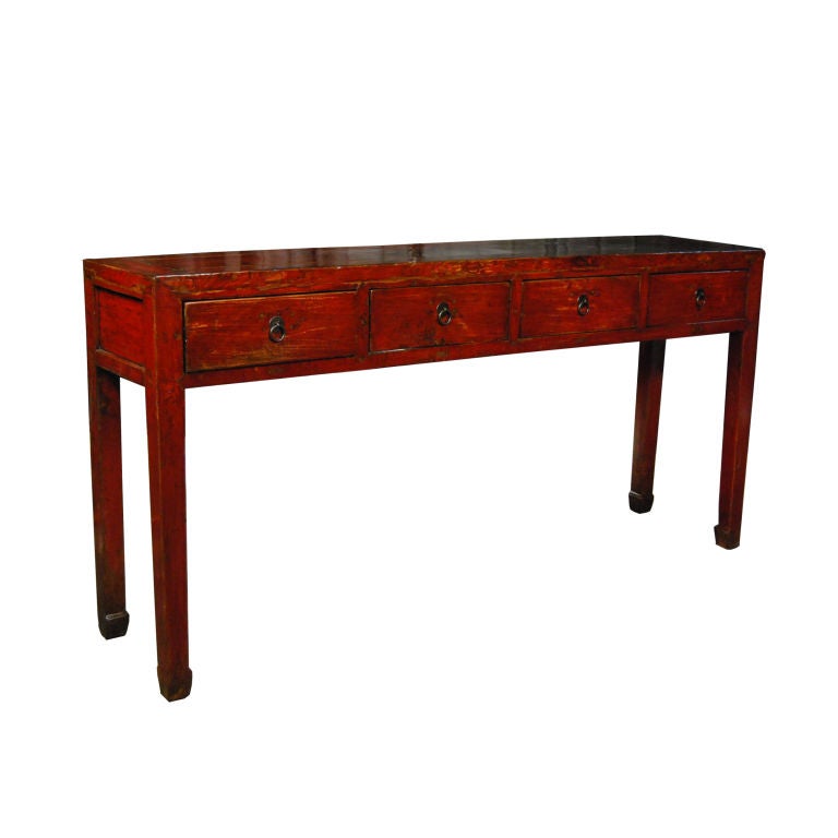 A 19th century red lacquer Chinese elmwood altar with four drawers, brass hardware and horse hoof feet.  <br />
<br />
Pagoda Red Collection #:  CAH038<br />
<br />
<br />
Keywords:  Table, console, sideboard, buffet, server, credenza sofa table