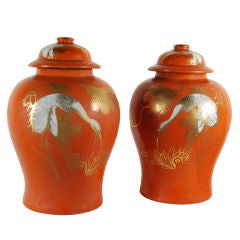 Antique Pair of Persimmon Crane Baluster Jars