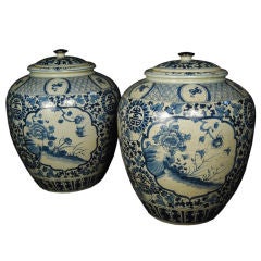 Antique Pair of Early 20th Century Chinese Blue and White Tea Leaf Jars