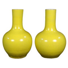 Pair of Citron Glazed Bottle Vases