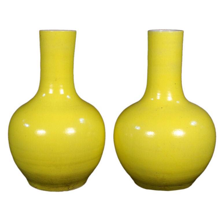 Pair of Citron Glazed Bottle Vases