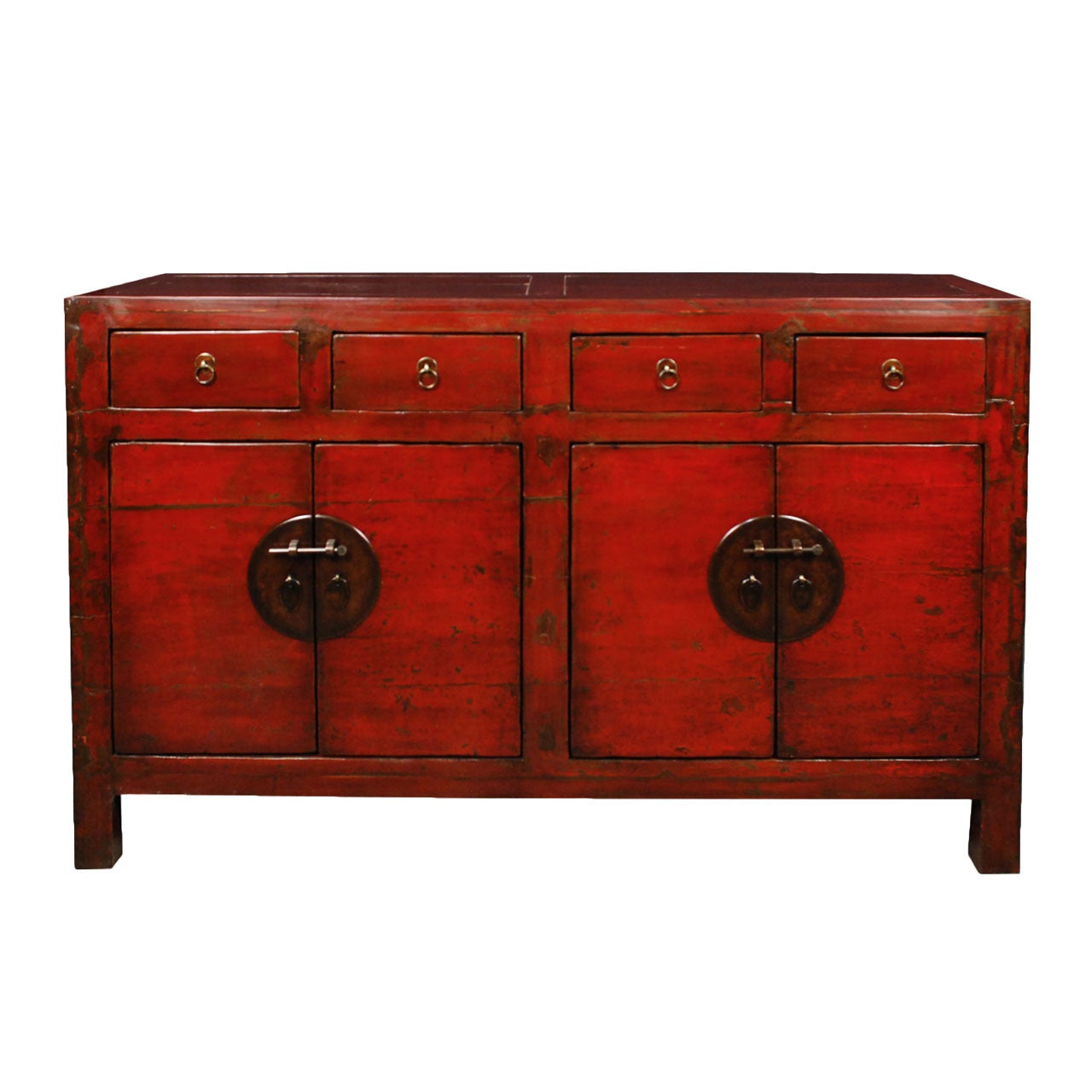 19th Century Chinese Four Door Two Drawer Red Lacquer Chest