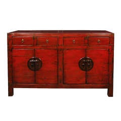 Antique 19th Century Chinese Four Door Two Drawer Red Lacquer Chest