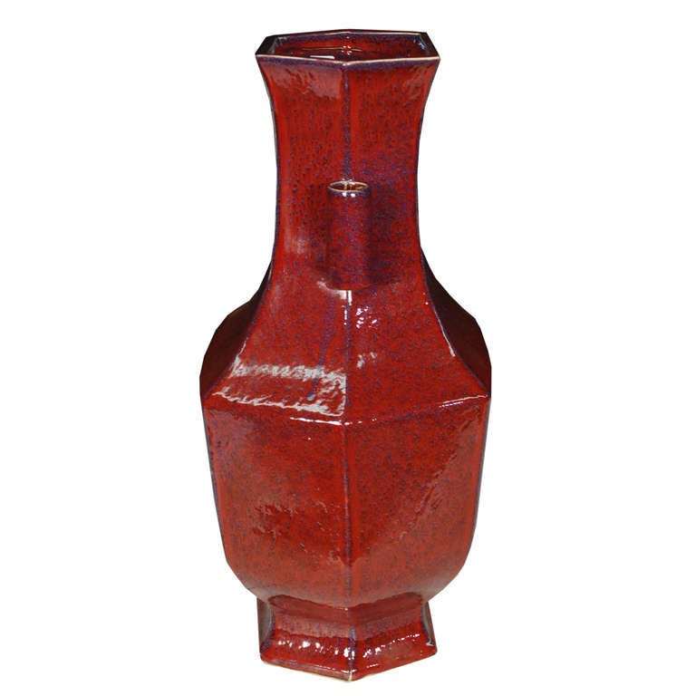 20th Century Pair of  Chinese Six Sided Mottled Oxblood Vase