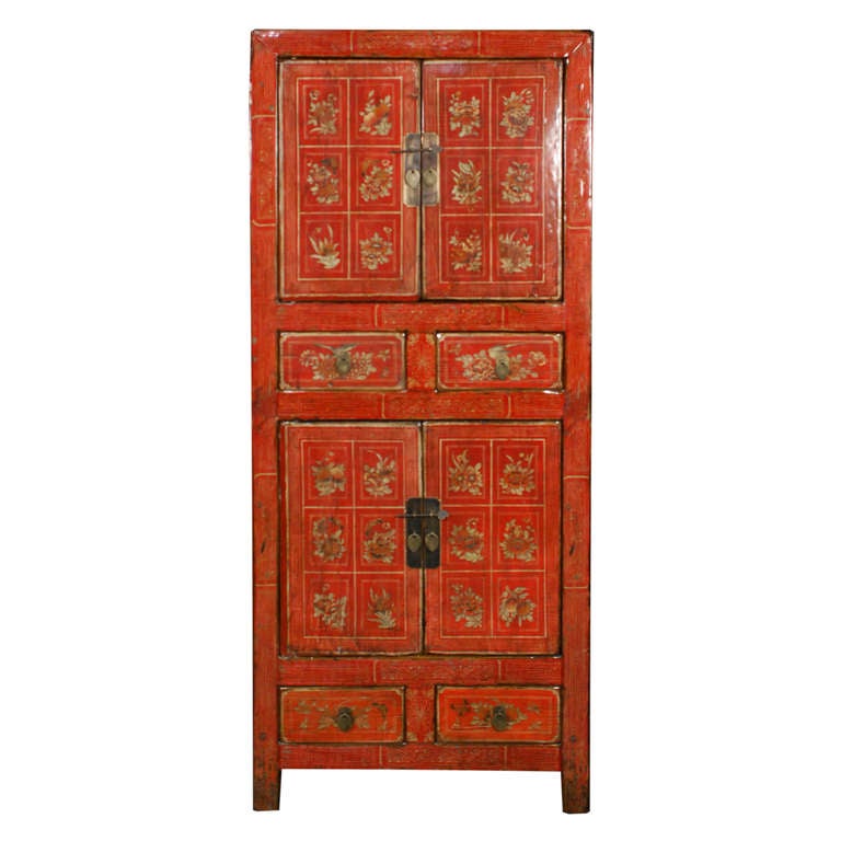 19th Century Chinese Painted Red Lacquered Cabinet