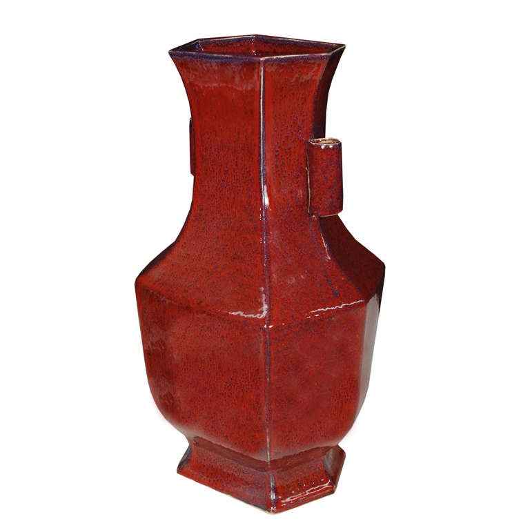 Pair of  Chinese Six Sided Mottled Oxblood Vase In Excellent Condition In Chicago, IL