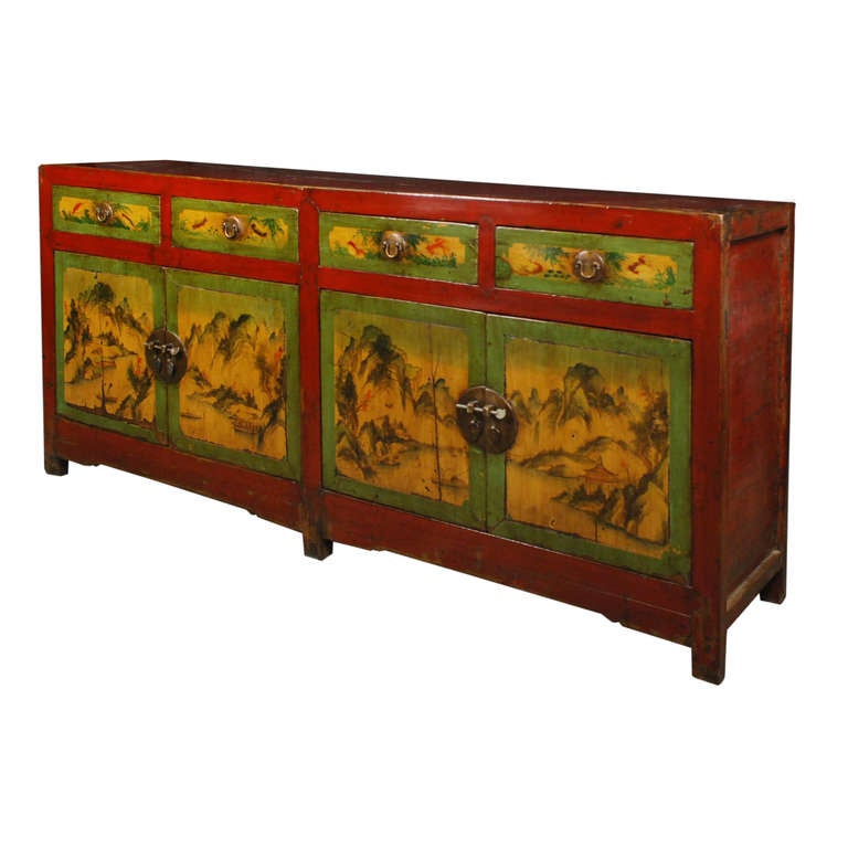 Early 20th Century Chinese Four Door Four Drawer Painted Coffer In Excellent Condition In Chicago, IL