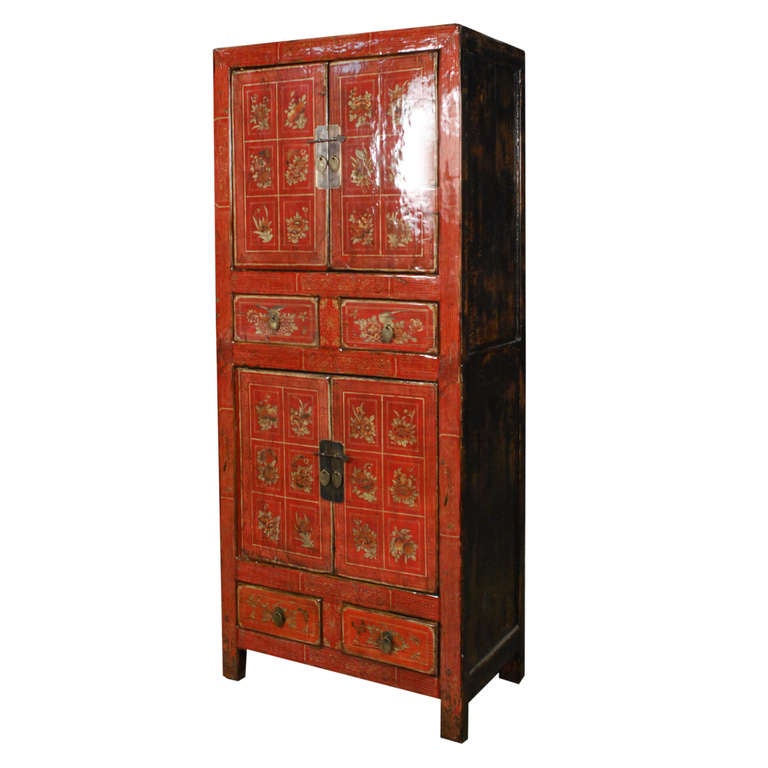 19th Century Chinese Painted Red Lacquered Cabinet In Excellent Condition In Chicago, IL
