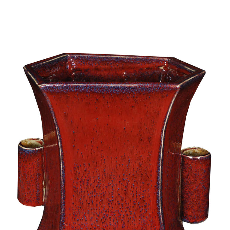 Ceramic Pair of  Chinese Six Sided Mottled Oxblood Vase