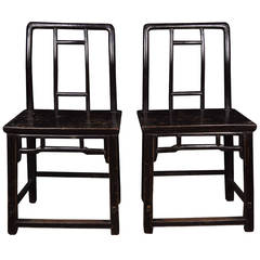 Antique Pair of 19th Century Chinese Black Lacquer Side Chairs