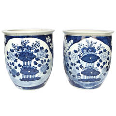 Pair of Chinese Blue and White Floral Scroll Pots