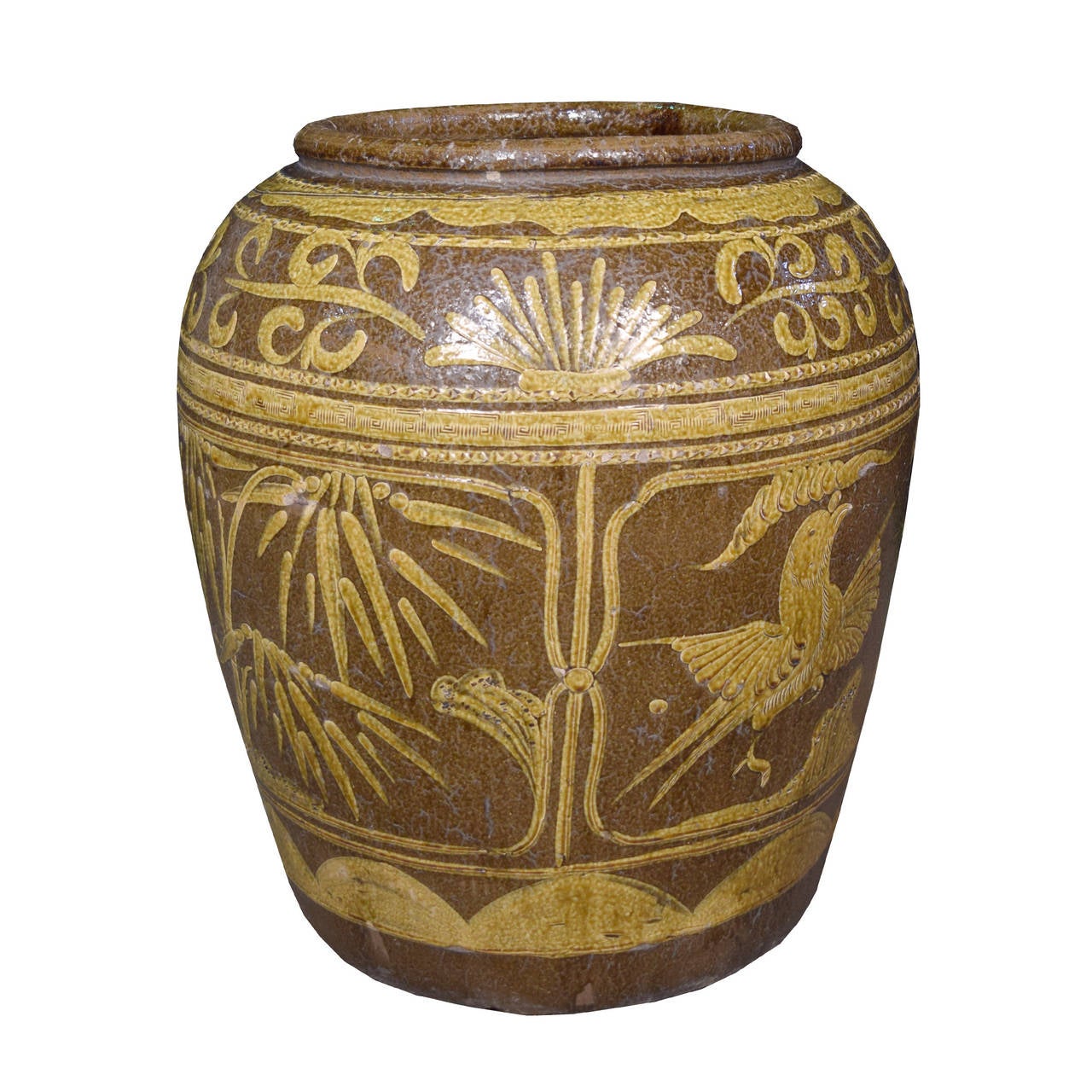 A c. 1900 grande ceramic jar from Jiangsu Province, China painted with birds, bamboo, and lion.

