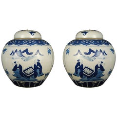 Antique Pair of Early 20th Century Chinese Blue and White Tea Leaf Jars