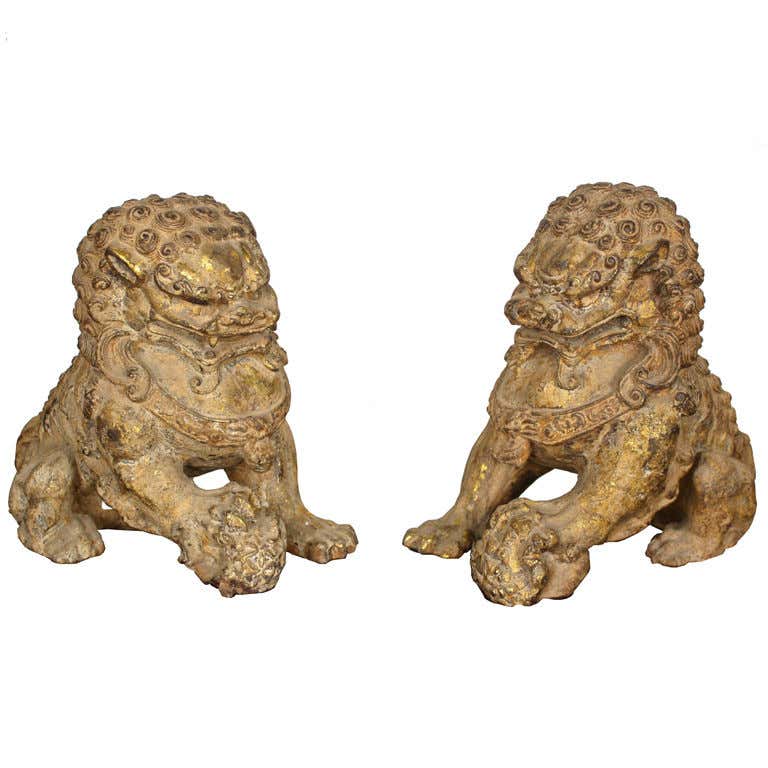 Pair of 19th Century Chinese Gilt Iron Fu Dogs