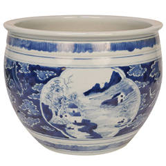 Vintage Chinese Blue and White Bowl with Landscape Scene and Dragons Amongst Clouds