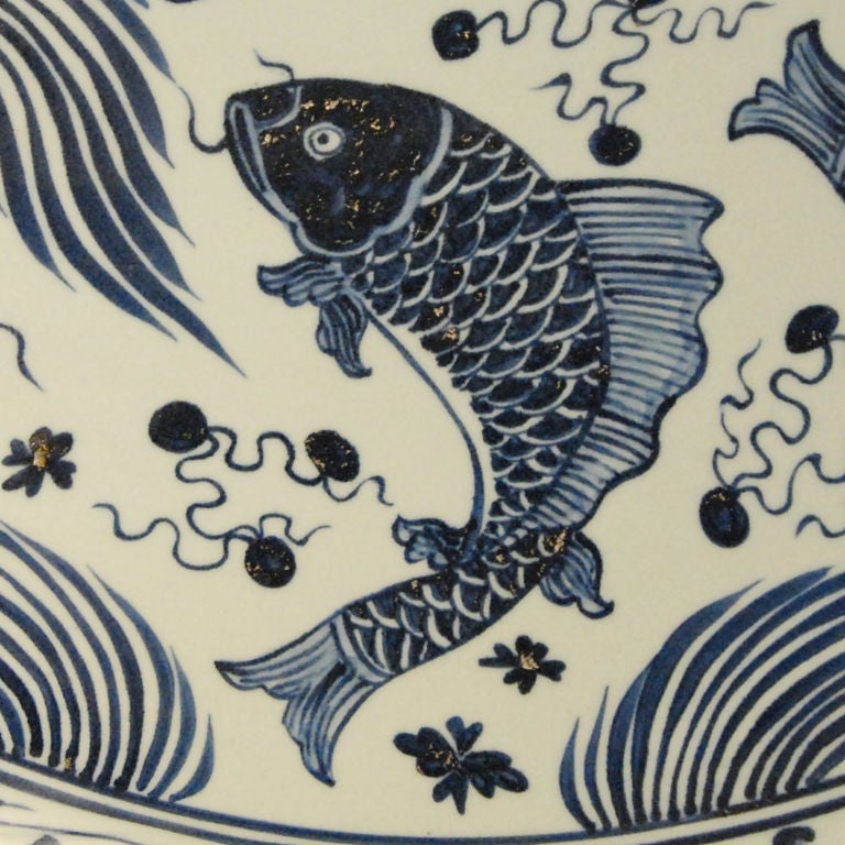 A monumental 20th century Chinese blue and white glazed porcelain platter with leaping fish.<br />
<br />
Pagoda Red Collection #:  ZZZ001<br />
<br />
<br />
Keywords:  Plate, platter, dish, bowl, serving, charger