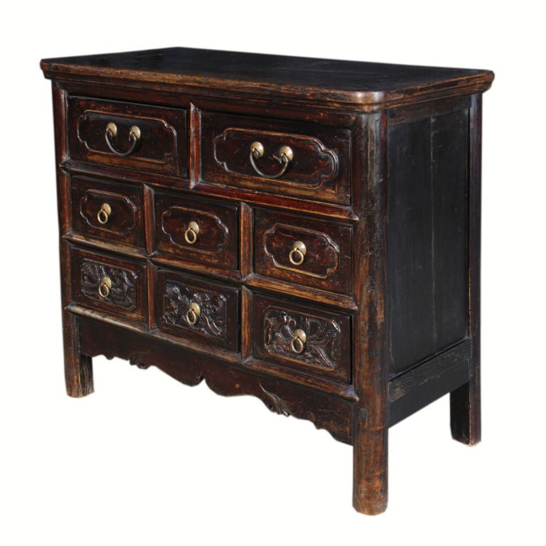 A pair of 19th century Chinese elmwood chests with eight drawers and brass hardware.<br />
<br />
Pagoda Red Collection #:  Y175<br />
<br />
<br />
Keywords:  Chest of drawers, commode, dresser, night stand, bedside