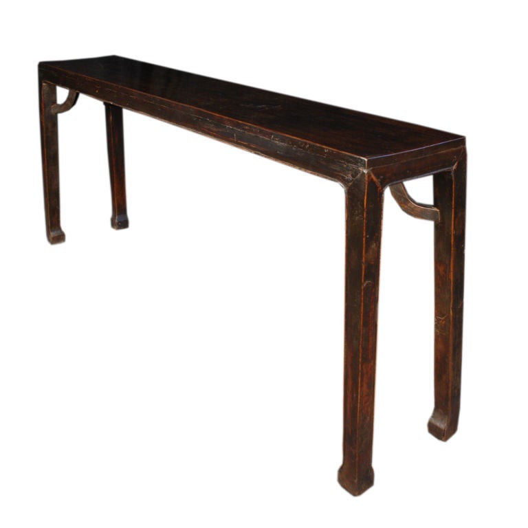A 19th century Chinese lacquered walnut Ming-style altar table with simple stretchers and horsehoof feet.<br />
<br />
Pagoda Red Collection #:  Z074<br />
<br />
<br />
Keywords:  Table, console, sideboard, buffet, server, credenza