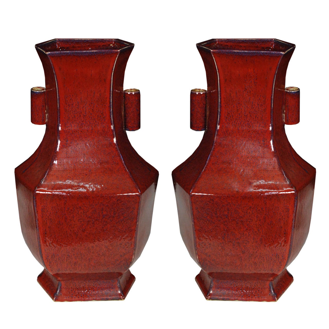Pair of  Chinese Six Sided Mottled Oxblood Vase
