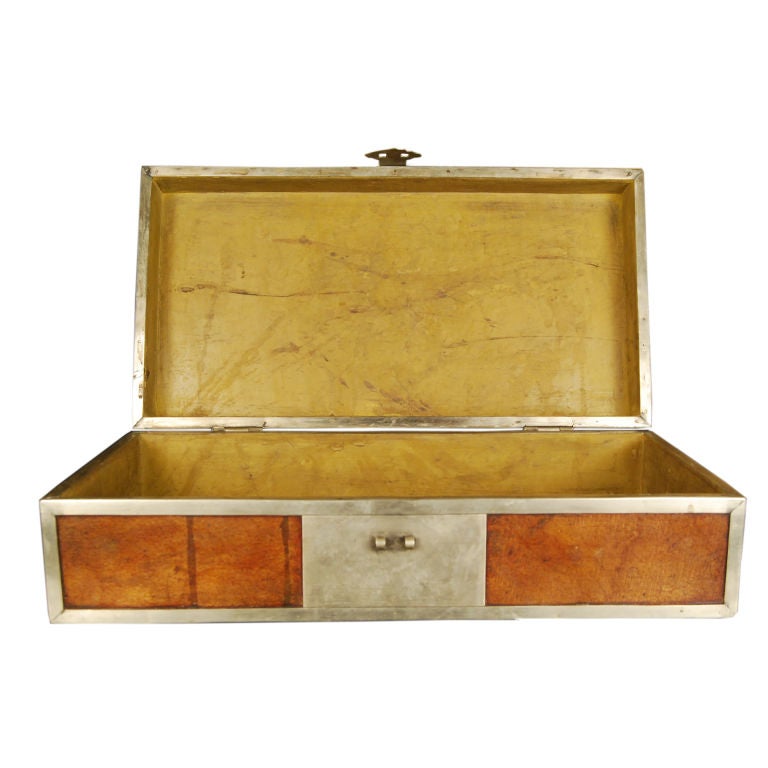 A 19th century Chinese hide covered document box with nickel silver mounts.<br />
<br />
Pagoda Red Collection #:  BTG002<br />
<br />
<br />
Keywords:  Box, trunk, desk accessory