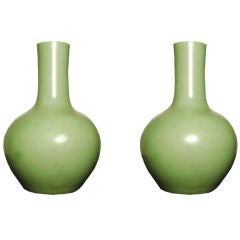Antique Pair of Chinese Green Apple Glazed Bottle Vases