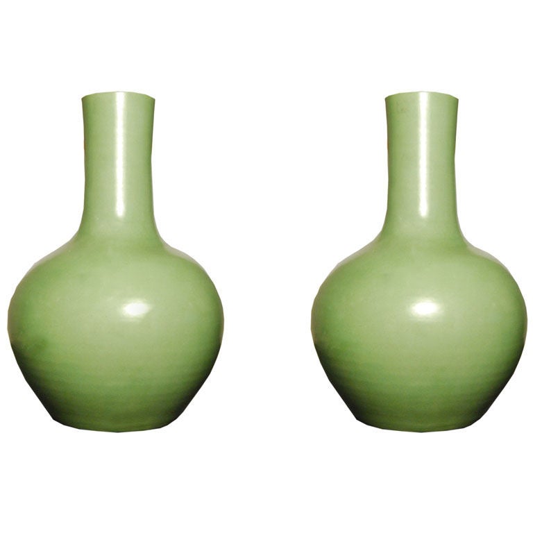 Pair of Chinese Green Apple Glazed Bottle Vases