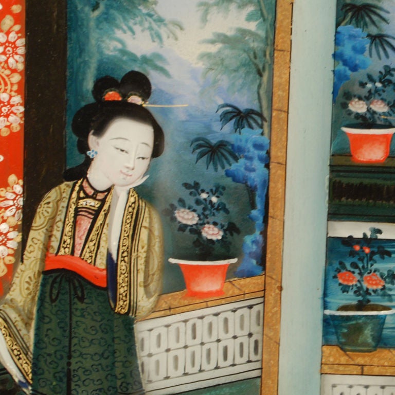 A 19th century Chinese reverse glass painting depicting wealthy women of leisure in a courtyard landscape with potted peonies and mountains in the distance.<br />
<br />
Pagoda Red Collection #:  HID009B<br />
<br />
<br />
Keywords:  Painting,
