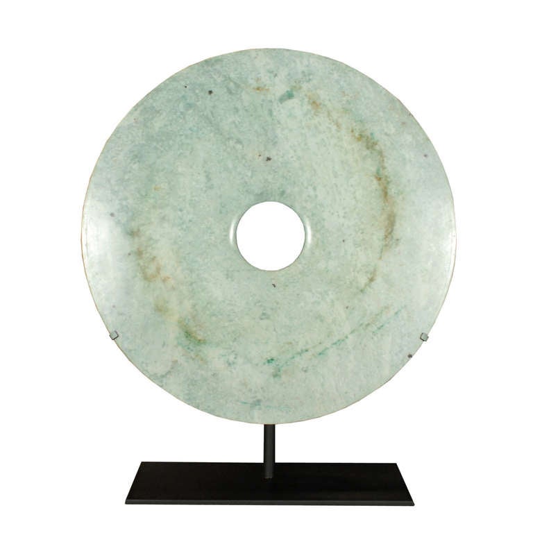 Chinese Green Jade Bi Disc on Stand