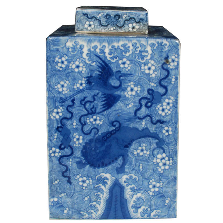 Pair of Chinese Square Blue and White Covered Jar with Dragons and Phoenix