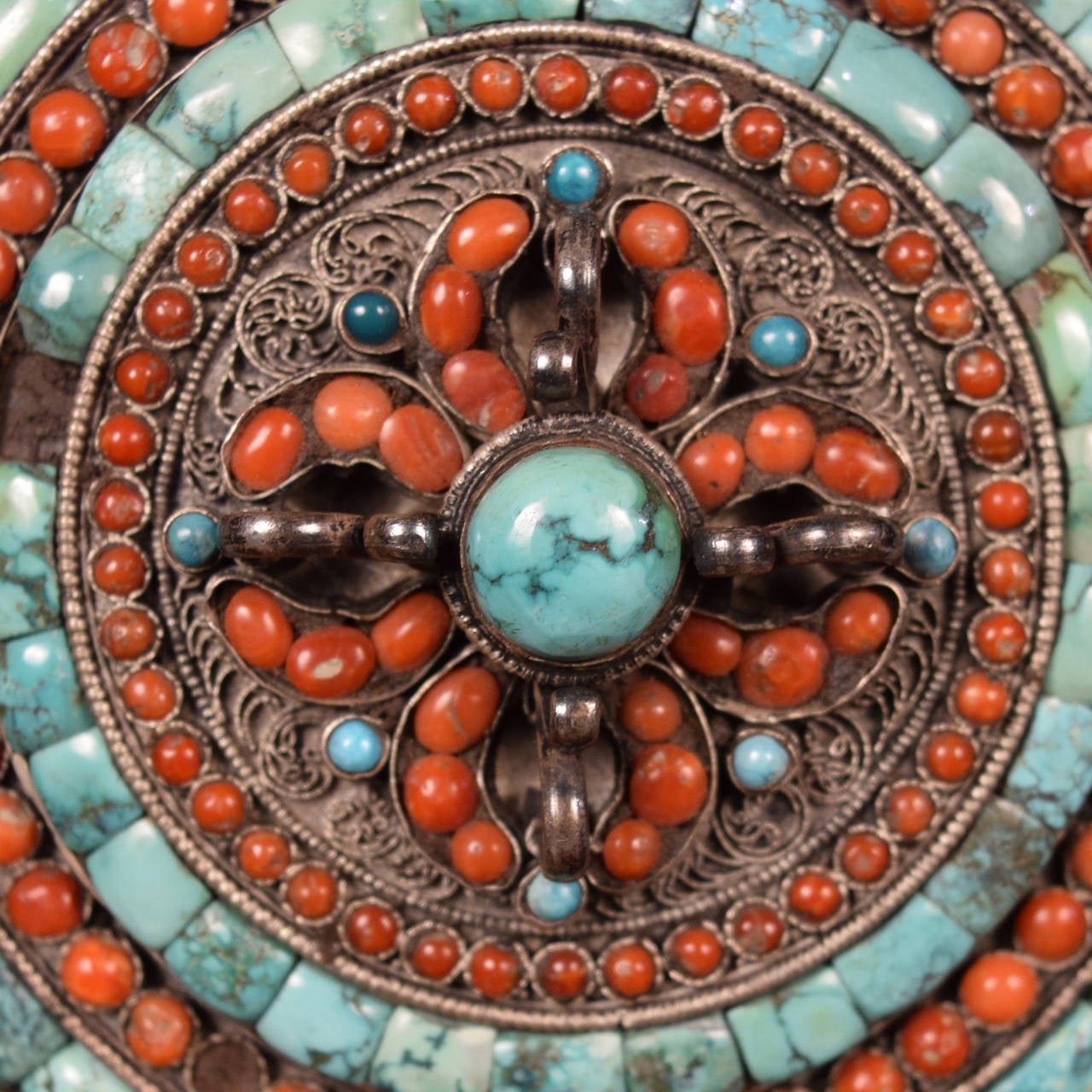 Silver Tibetan Prayer Box with Turquoise and Coral In Excellent Condition In Chicago, IL