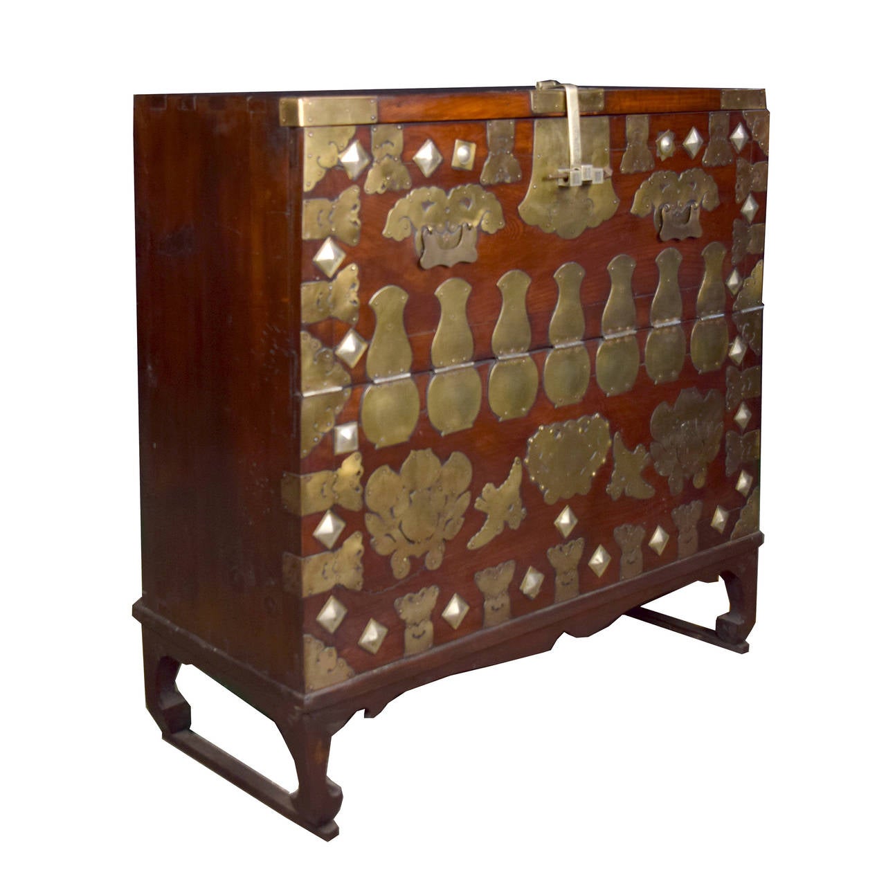 A c. 1900 hardwood wedding chest from Korea with brass hardware depicting butterflies and flowers. The fall front door features a lock engraved with the double happiness symbol.

Pagoda Red Collection # CMKH013