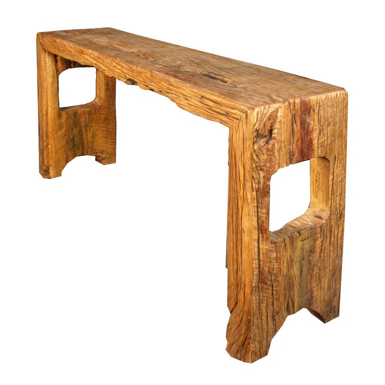 A 20th century Chinese reclaimed elmwood altar table of simple Ming form with pierced sides, and feet.<br />
<br />
Pagoda Red Collection #:  Z208C  <br />
<br />
<br />
Keywords:  Table, console, sideboard, server, buffet, credenza, sofa