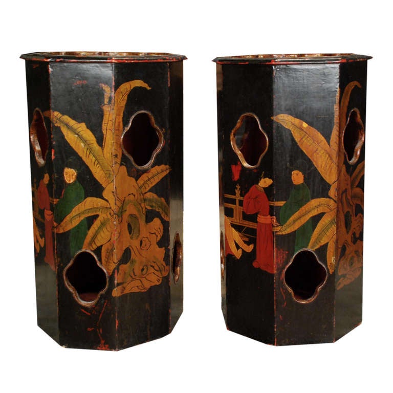 A pair of early 20th century Chinese lacquered hat stands, painted with reclining female figures at leisure in a garden landscape.

Pagoda Red Collection #:  QQQ144

Keywords:  Hat stands, sculpture, scholars' object, China, Chinese, decorative