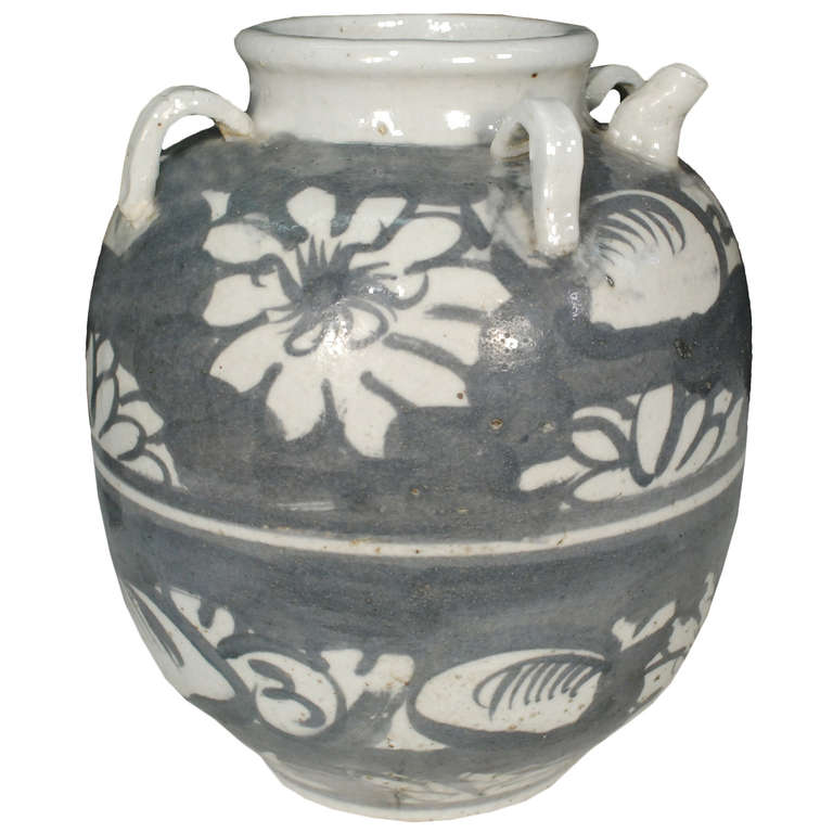 Chinese White and Indigo Primitive Wine Jar
