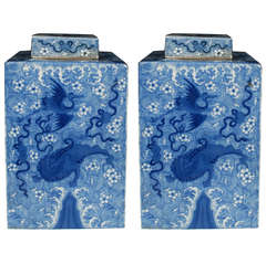Pair of Chinese Square Blue and White Covered Jar with Dragons and Phoenix