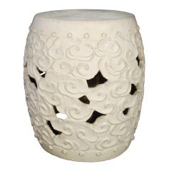 White Glazed Cloud Motif Drum Form Garden Stool