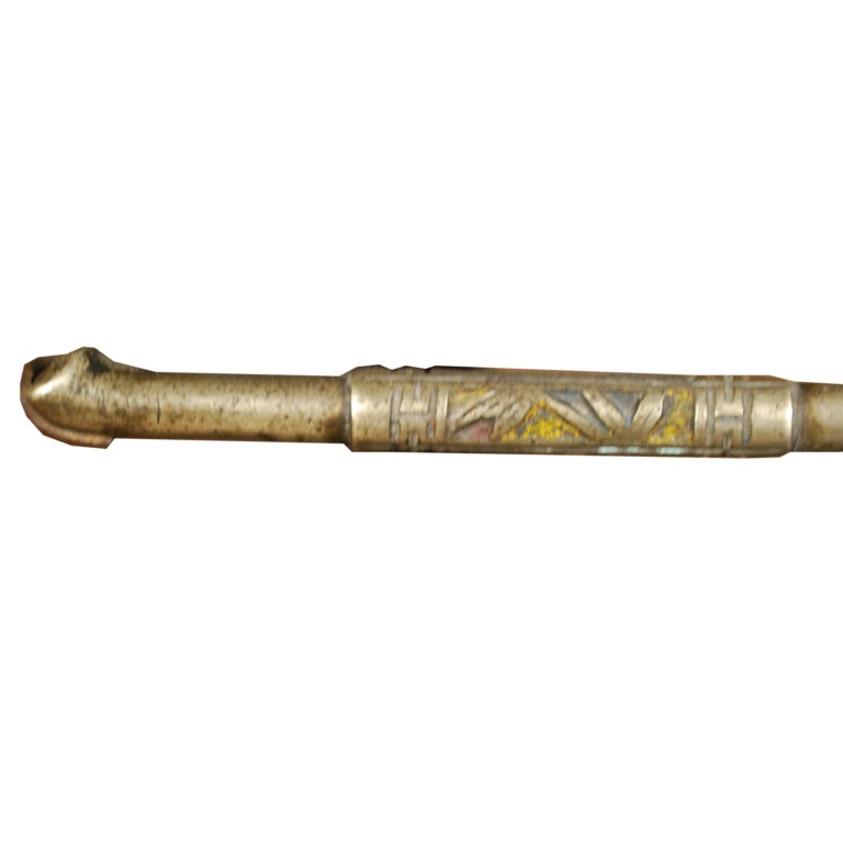 A 19th century Chinese white brass opium pipe with decorative bamboo motif, mounted on a custom steel stand.

Pagoda Red Collection #:  PP012B


Keywords:  pipe, smoking, ashtray, China, Chinese, sculpture, statue