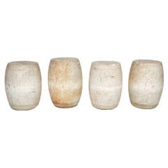 Vintage Ribbed Chinese Limestone Drum Stools